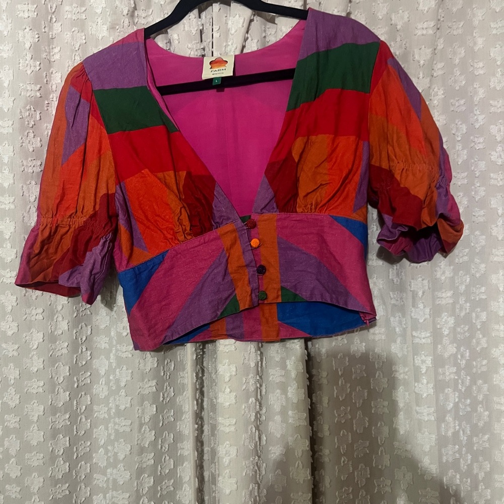 FARM Rio Red and Purple Ruched Puff Sleeve Crop Blouse